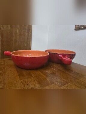 Set of 2 Vintage De Silva Italy Red Glazed Terracotta Handled Soup Bowls Crocks